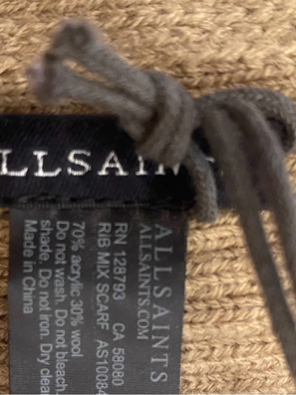 All Saints Tan Ribbed Knit Scarf NEW with tags Unisex